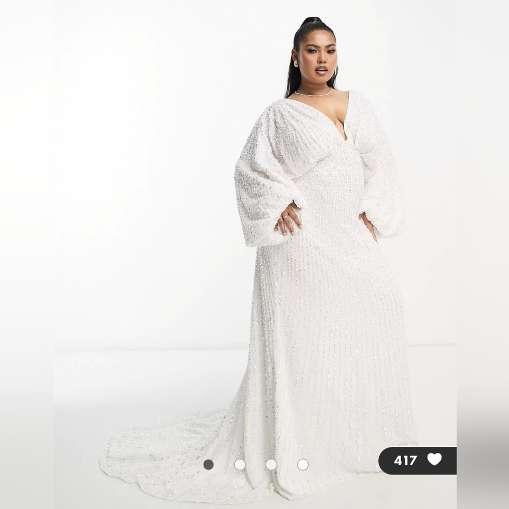 ASOS DESIGN Curve Lennox sequin blouson sleeve wedding dress with train in ivory